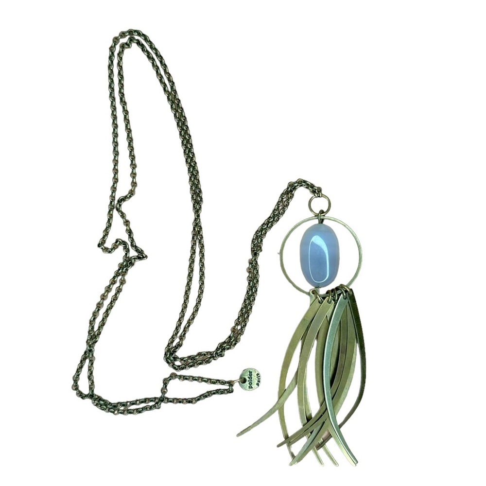 Polder Paris Signed Opaline Stone Metal Fringe Long Necklace